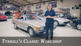 MercedesBenz W107 500 SL  A winning package  Tyrrells Classic Workshop [upl. by Artaed]