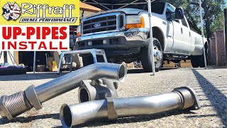 2001 F350 73  RiffRaff UpPipes Install  Stock up pipes leaking and falling apart JUNK SP [upl. by Nuli769]